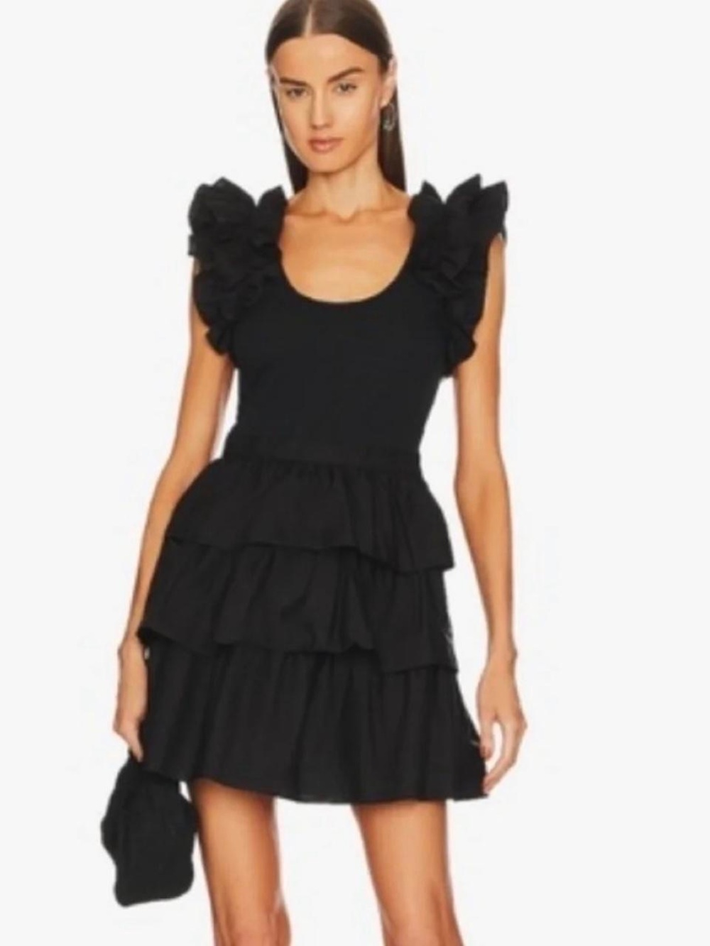 Karina Grimaldi Black Ruffled Strap Mini Dress with Tie Waist